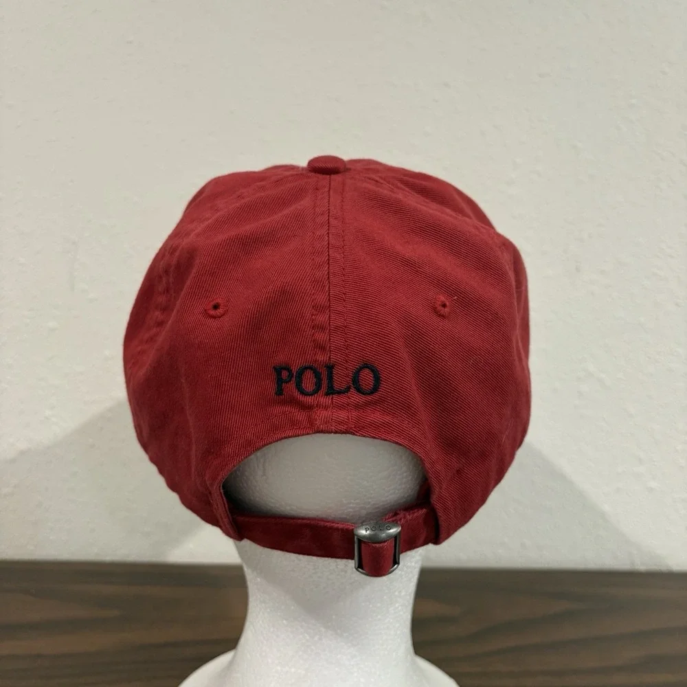 Vtg Polo Ralph Lauren Red Cotton Chino Baseball Cap Black Pony Logo Hat Spellout